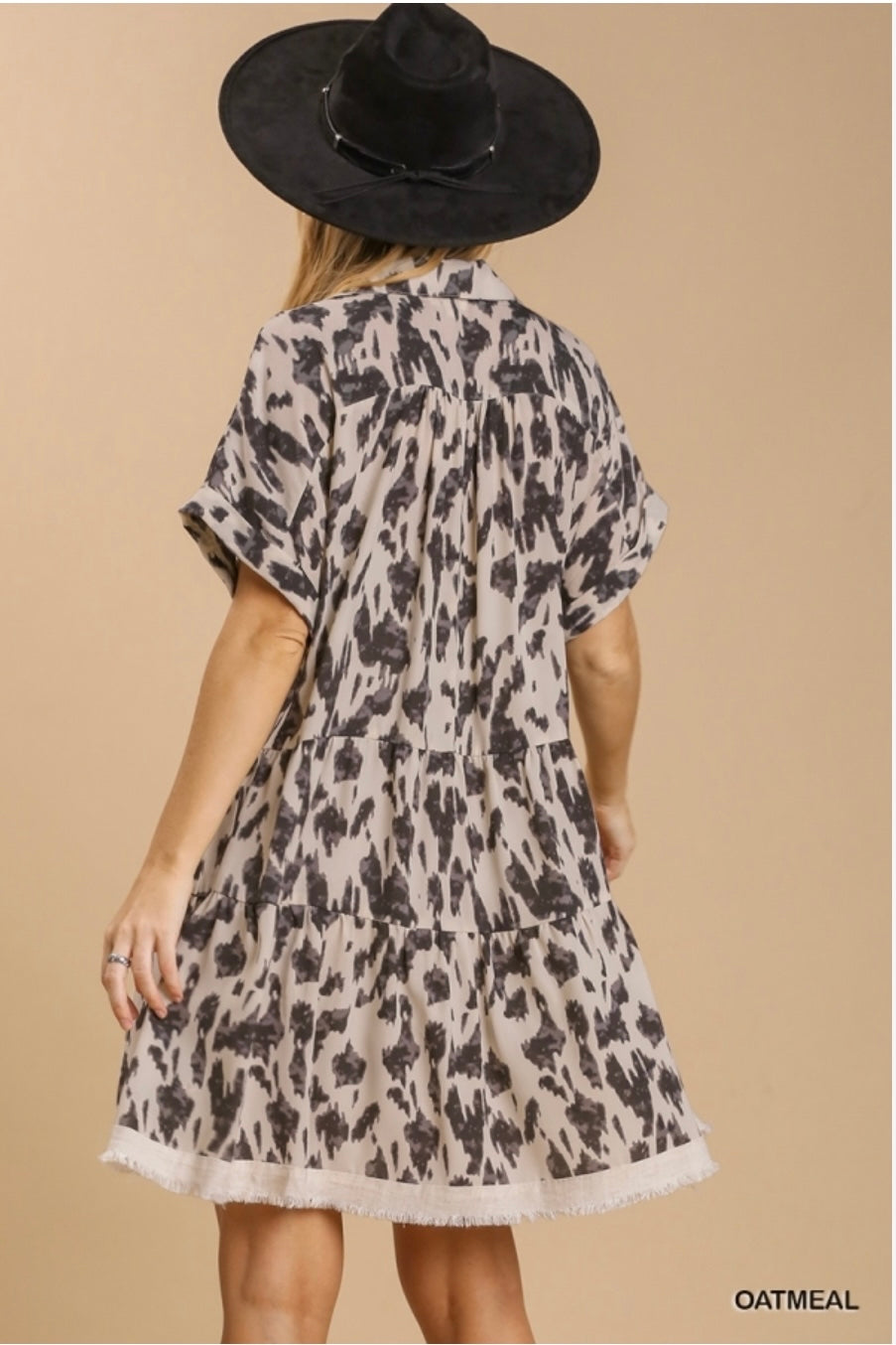 Jada Animal Print Collared Split Neck Tiered Dress with Frayed Hem