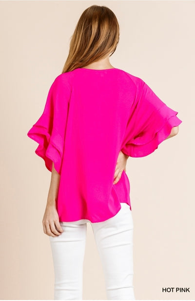 Kara Hot Pink Ruffled Sleeve Top