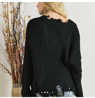 Gina Black Frayed Sweater