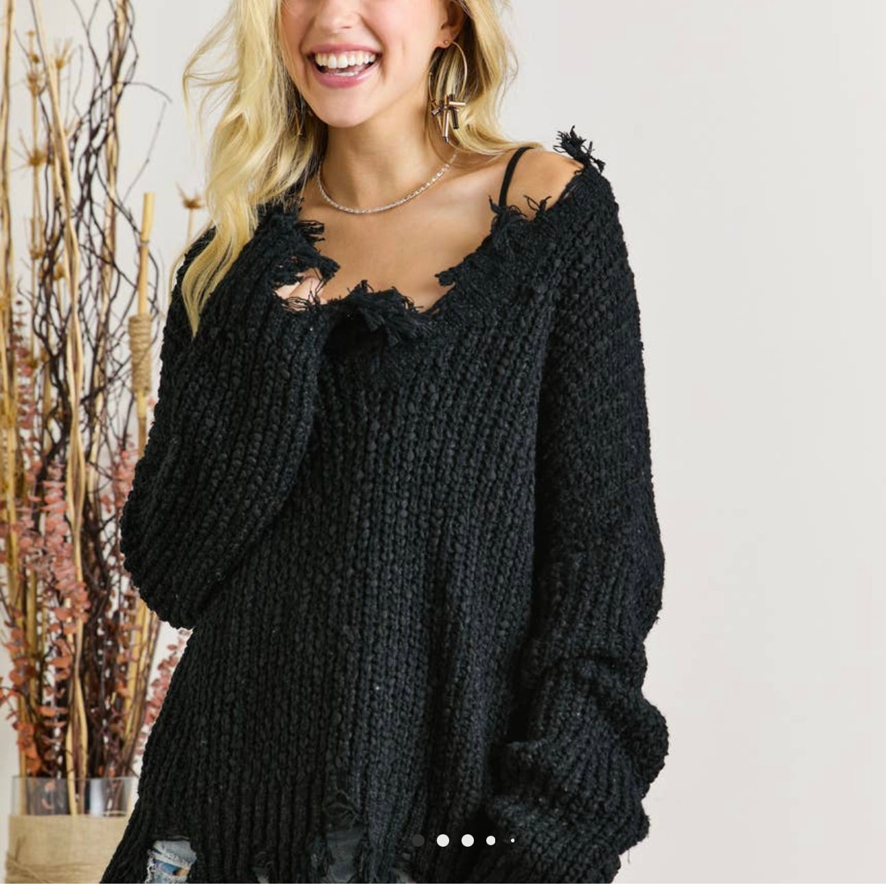Gina Black Frayed Sweater
